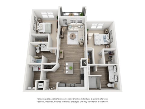 A floor plan of a two-story apartment with a living room, kitchen, and bedrooms.
